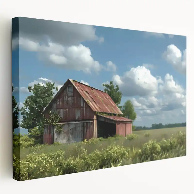 Rustic Red Barn Wall Art - Farmhouse Canvas Print - Country Landscape Decor Free Delivery