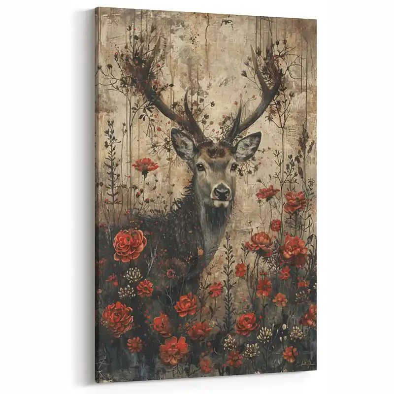 Instant Buy Rustic Antelope with Autumn Flowers - Vintage Charm Wall Art Decor