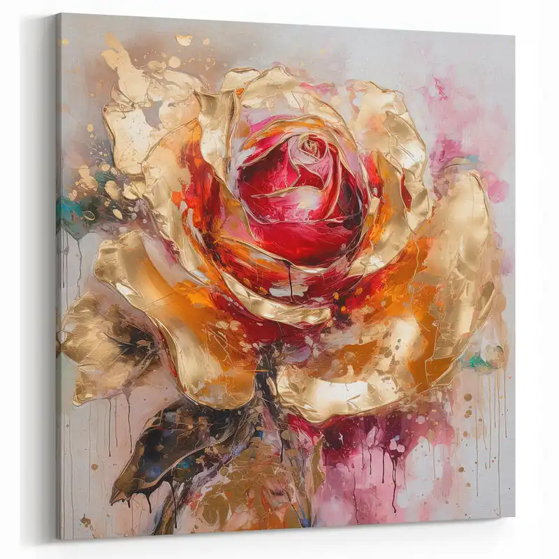 Vibrant Red and Gold Rose Canvas - Modern Abstract Floral Wall Art Discount