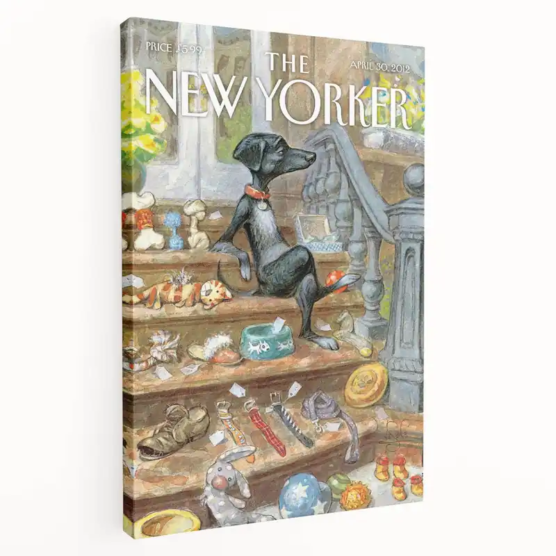 New Yorker Poster - 2012 Dog with Toys on Stairs Art Print Best Seller