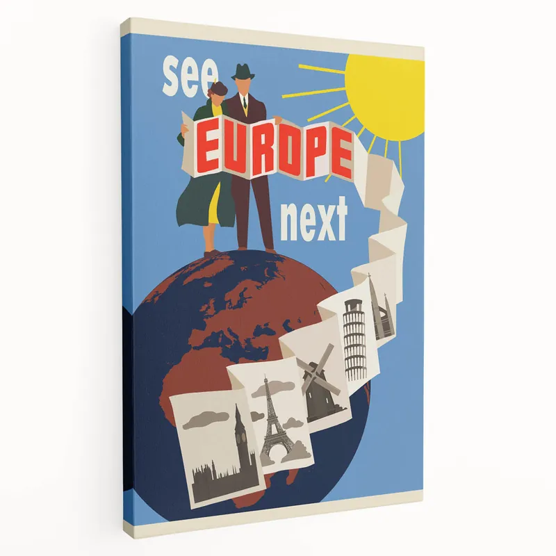 Retro Europe Travel Poster – Vintage Landmarks & Adventure Art One Day Deal