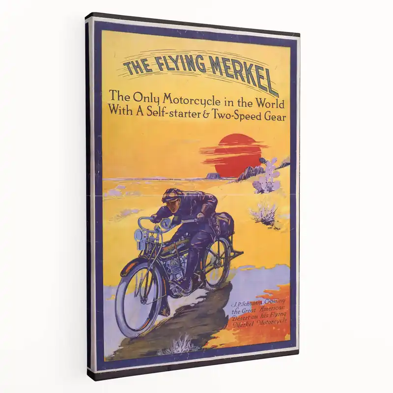 Vintage Flying Merkel Poster – Retro Motorcycle Travel Art Warranty Included