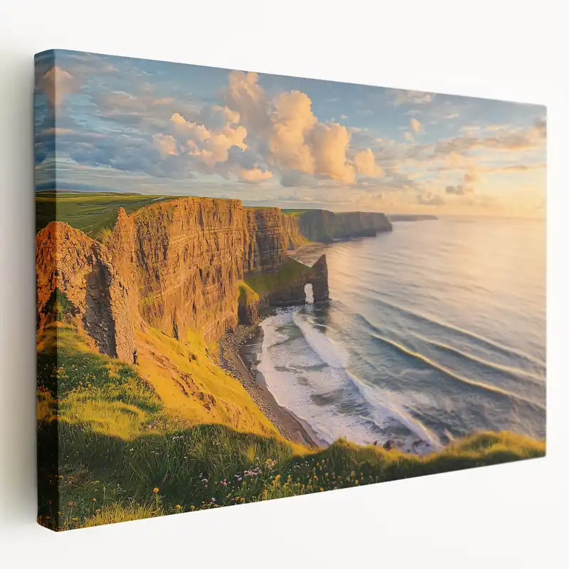 Golden Coastal Cliffs Canvas Art – Serene Ocean Landscape Painting New Release
