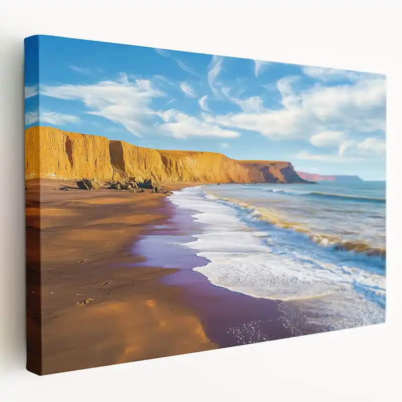 Cliffs Canvas Art - Golden Coastal Cliffs and Azure Beach Waves Print Flash Sale