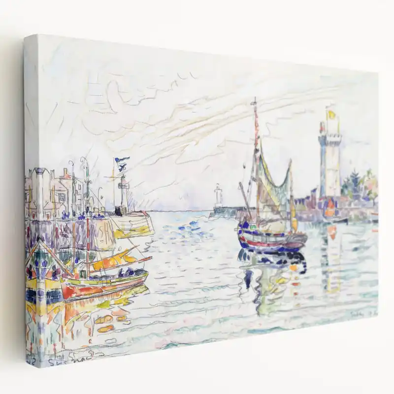 Worldwide Shipping Modern Wall Art: Coastal Harbor Scene with Vibrant Boats and Architecture