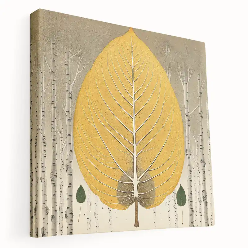 Golden Yellow Leaf Art - Birch Forest Botanical Leaf Photography Print Money Back Guarantee