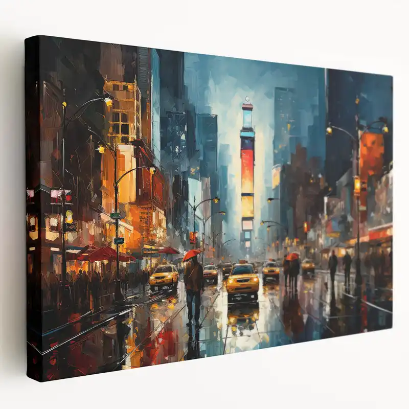 Rainy Night Times Square Wall Art - Abstract NYC Cityscape Canvas Print Warranty Included