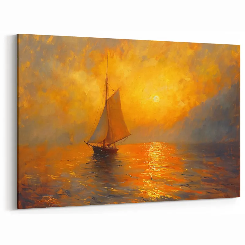 Sunset Glow Abstract - Sailboat on Fiery Sea Canvas Wall Art No Minimum Order
