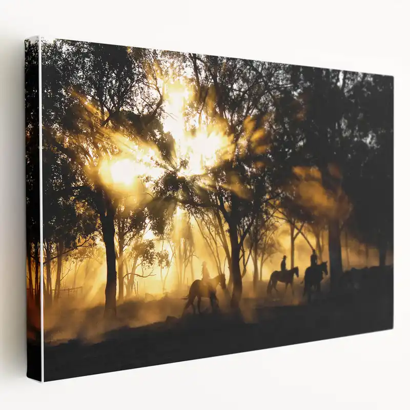 Rustic Cowboys in Forest Sunrise - Vintage Wall Art - Farmhouse Decor Professional Grade