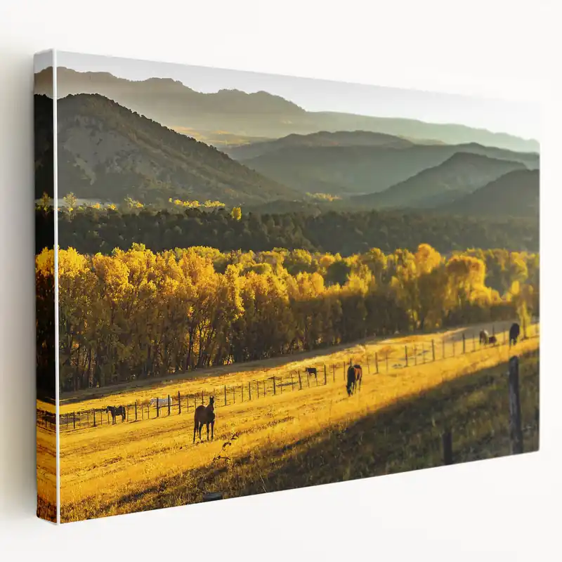 High Quality Rustic Horses in Golden Landscape - Vintage Wall Art - Farmhouse Decor