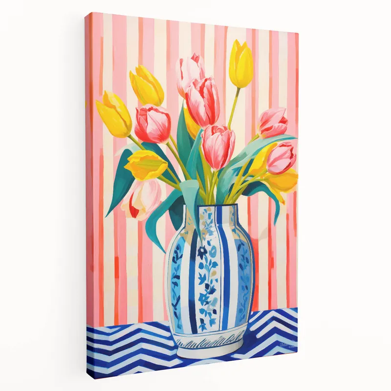 Limited Edition Maximalist Floral Wall Art with Vibrant Tulips in Blue and White Vase