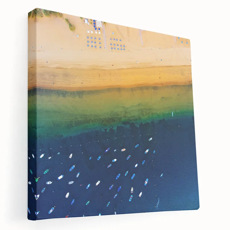 Canary Islands Beach Art – Aerial View of Colorful Boats and Golden Sands Markdown