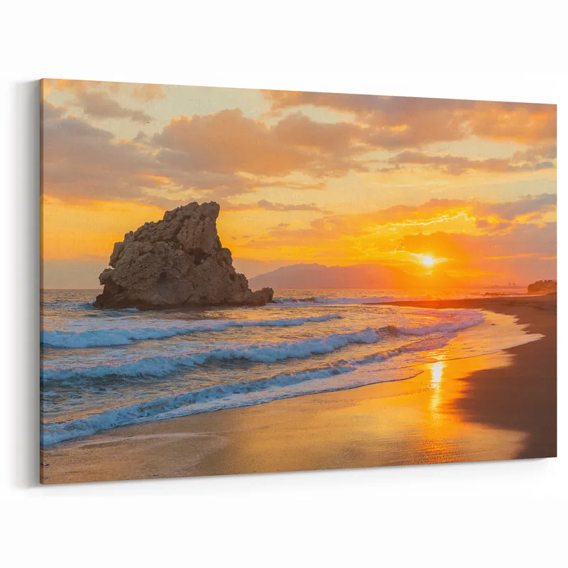 Secure Checkout Andalucía Landscape Art - Sunset Beach Scene with Rocky Shore