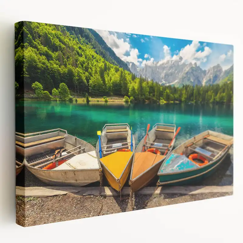 Slovenia Wall Art - Colorful Boats on Alpine Lake Canvas Today Only