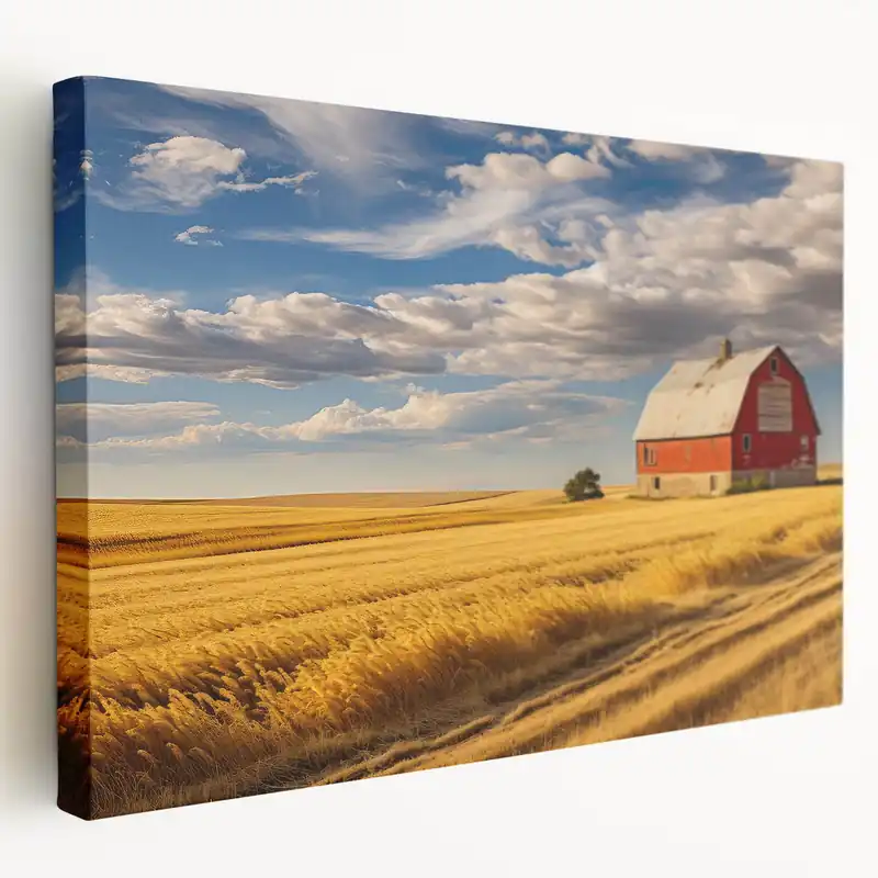 Red Barn in Golden Wheat Fields - North Dakota Scenic Art & Canvas Prints Warranty Included