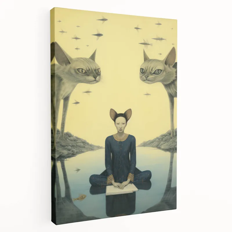 Trending Surreal Electric Art - Mystical Cats and Figure Canvas - Dreamy Decor