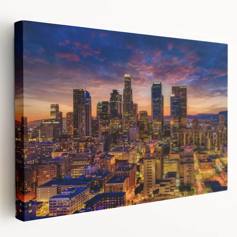 Downtown LA at Dusk - Vibrant City Lights Under a Dramatic Sunset Seasonal Sale