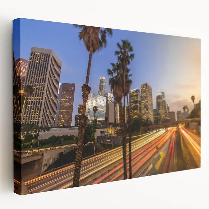 Express Delivery Downtown LA Cityscape - Twilight Skyscrapers and Freeway Light Trails
