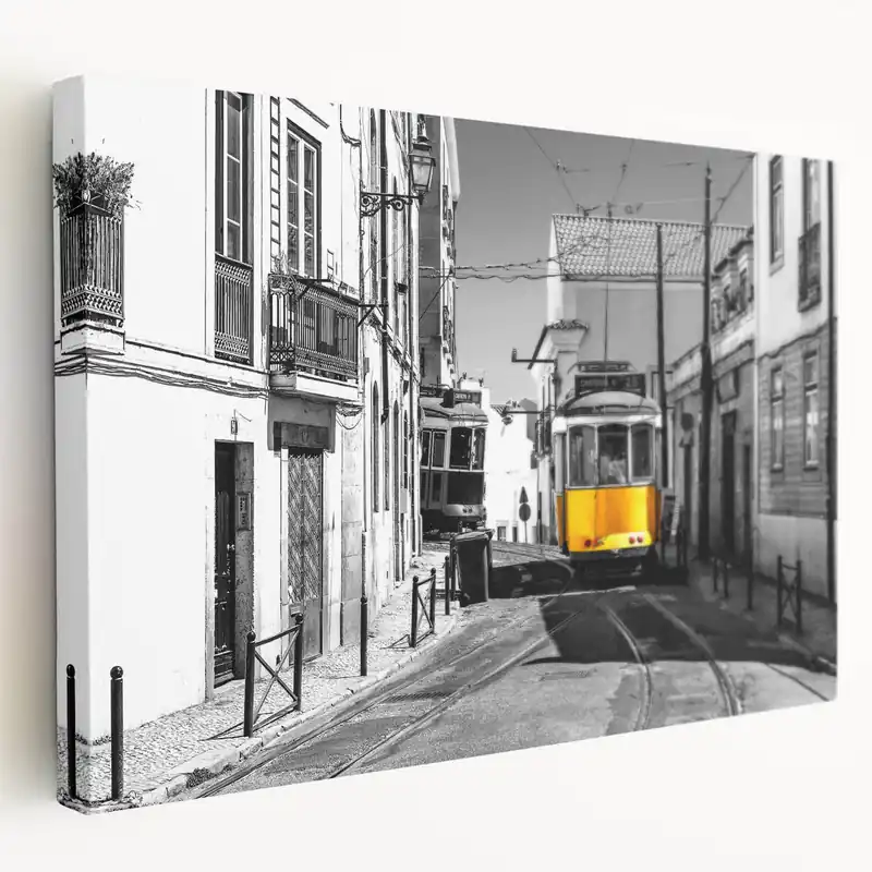 Lisbon Wall Art - Iconic Tram 28 in Black and White with Yellow Accent Best Price