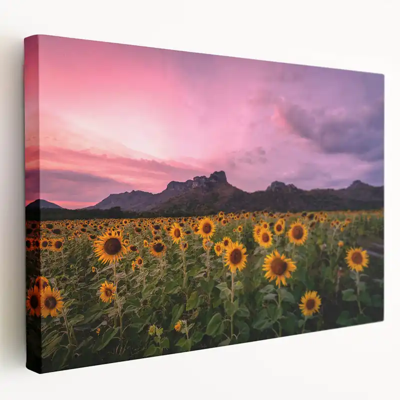 Kansas Nature Art - Sunflower Field at Dusk with Mountain Backdrop Print Buy Today