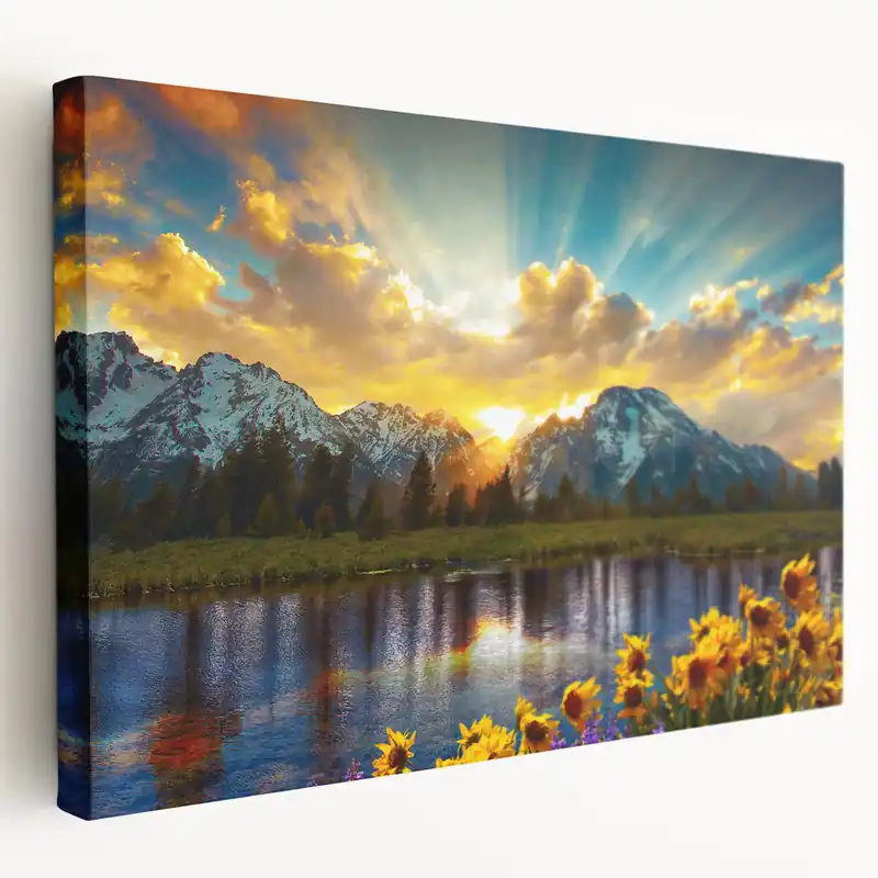 Grand Teton Scenic Print – Vibrant Sunrise with Flowers and Mountain View Sale