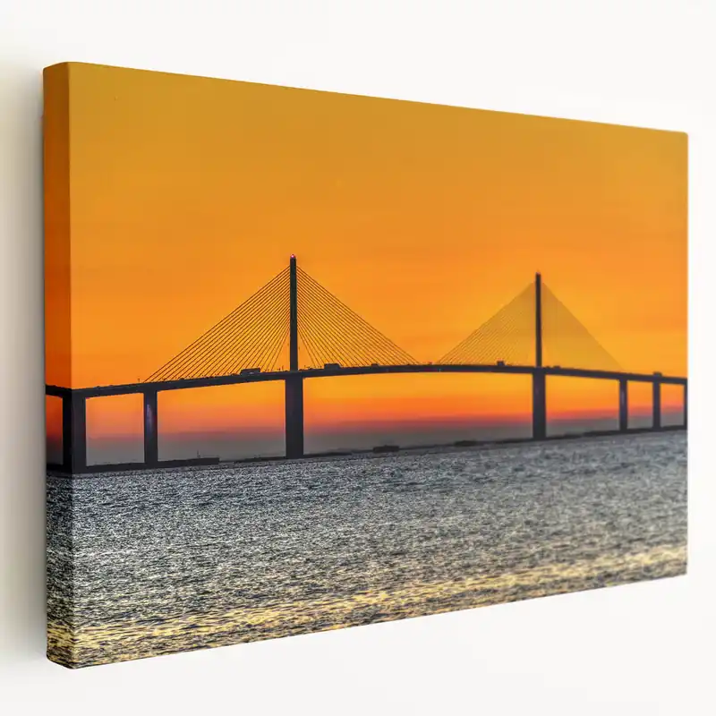 Worldwide Shipping Sunshine Skyway Bridge at Sunset – Bold Orange Tampa Bay Wall Art