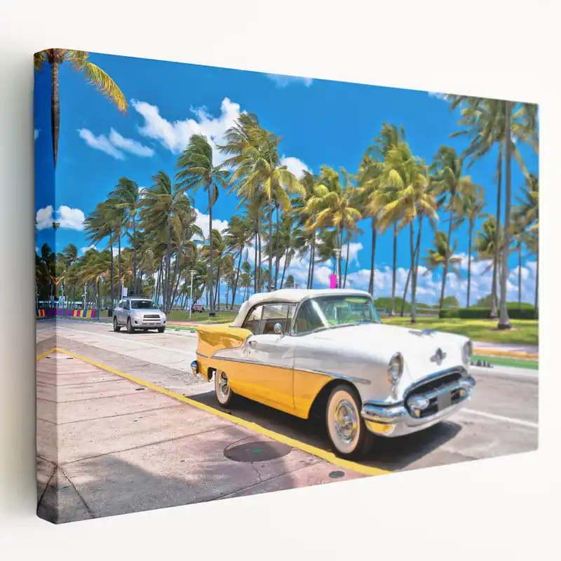 Miami Vintage Car Art – Classic Car and Palm Trees Canvas for Home Decor Instant Buy