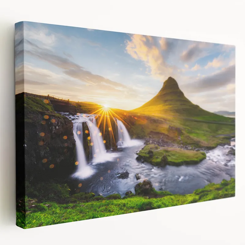 Weekend Sale Iceland Landscape Art - Kirkjufell Mountain and Waterfall at Sunset Canvas