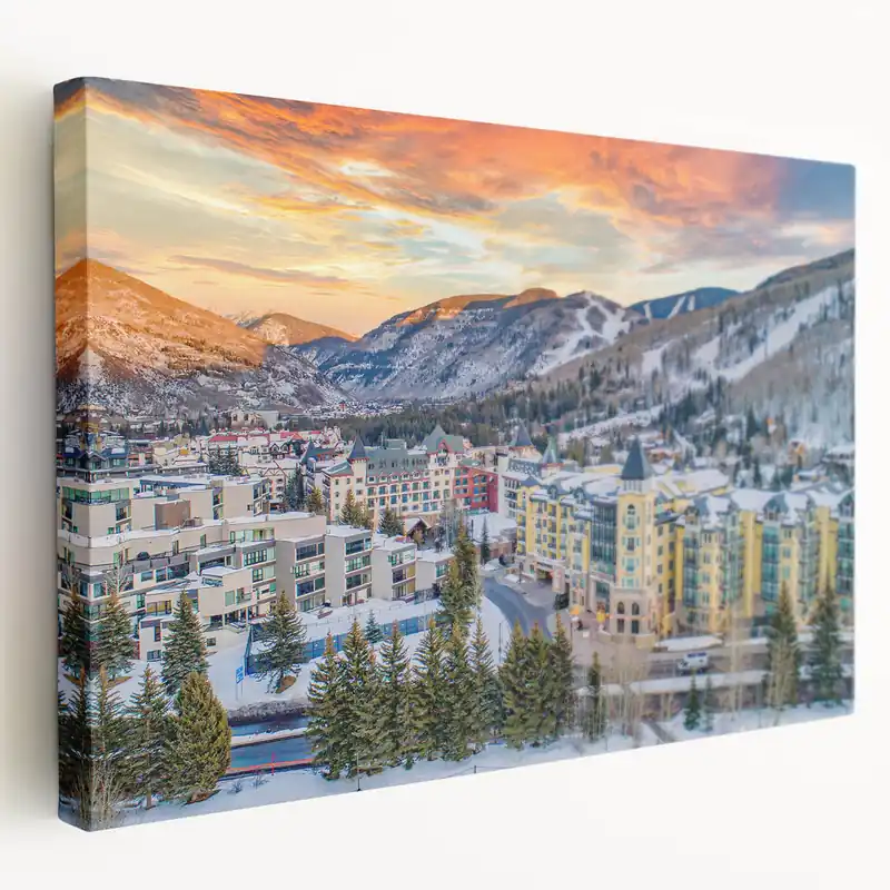 Express Delivery Vail Ski Resort Art - Sunset Over Snowy Village and Majestic Mountains