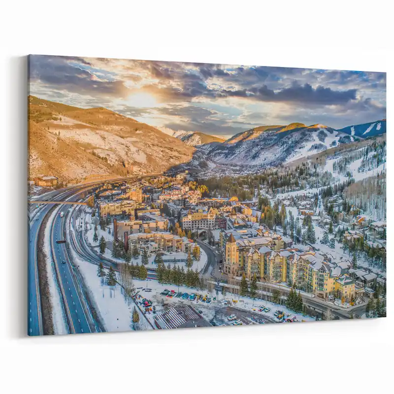 Discount Aspen Scenic Prints - Snowy Mountain Town at Sunset with Winter Landscape