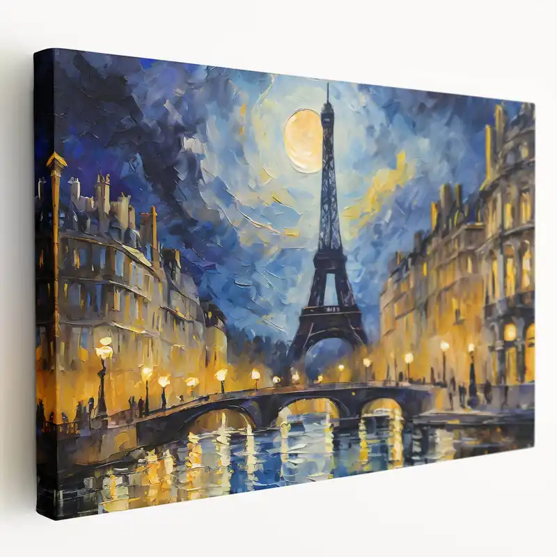 Romantic Paris Art - Eiffel Tower at Night with Moonlit Reflection Print Fan Favorite