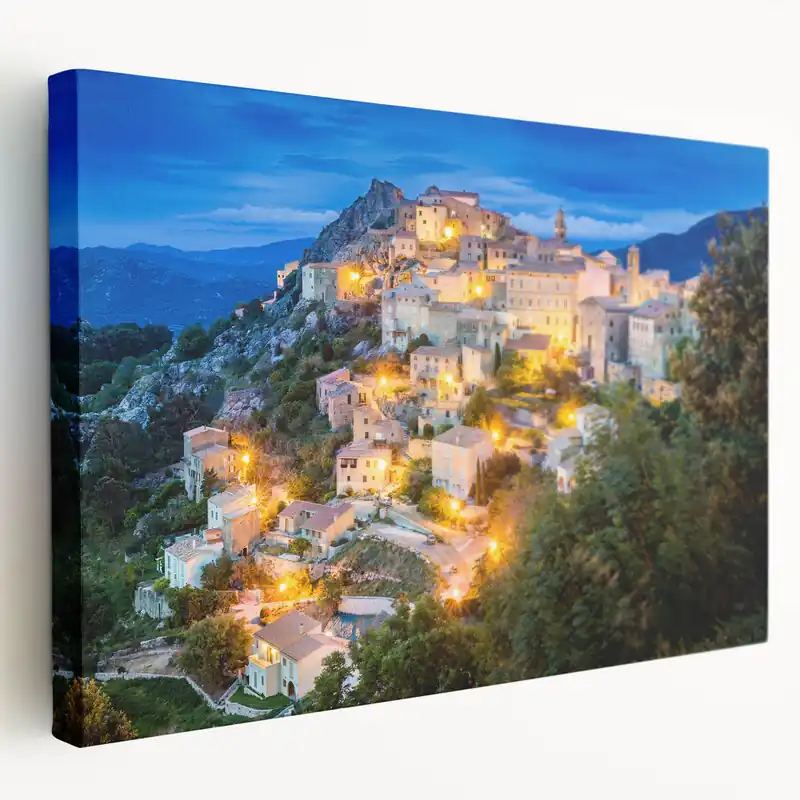 Scenic Corsica Prints - Illuminated Hilltop Village at Dusk Canvas Art Money Back Guarantee