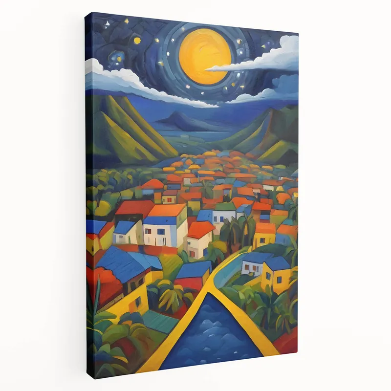 Luxury Caribbean Scenery Art - Saint Lucia Colorful Village Night Scene