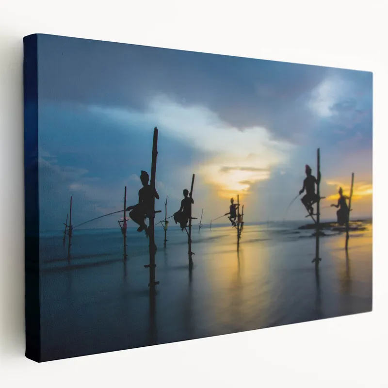Sri Lanka Wall Art – Traditional Fishermen at Sunset on Canvas Markdown