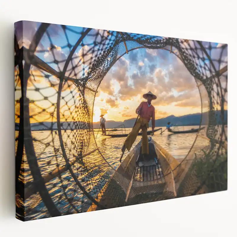 Traditional Fishermen Framed in Net Myanmar Wall Art - Inle Lake Scene Authentic