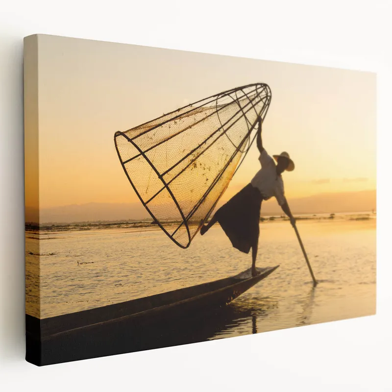 Handmade Traditional Fisherman at Sunset Myanmar Wall Art - Inle Lake Culture
