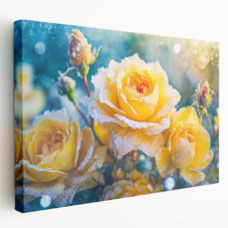 Chilled Beauty of Frosted Yellow Roses – Winter Wall Art on Canvas Order Now