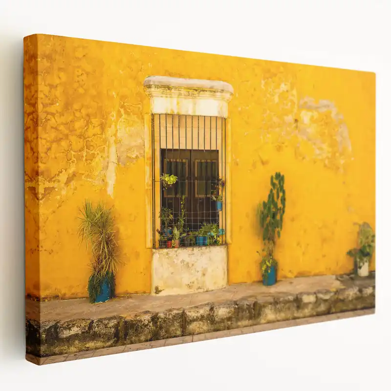 Mexico City Wall Art - Vibrant Yellow Façade with Potted Plants Canvas Low Price