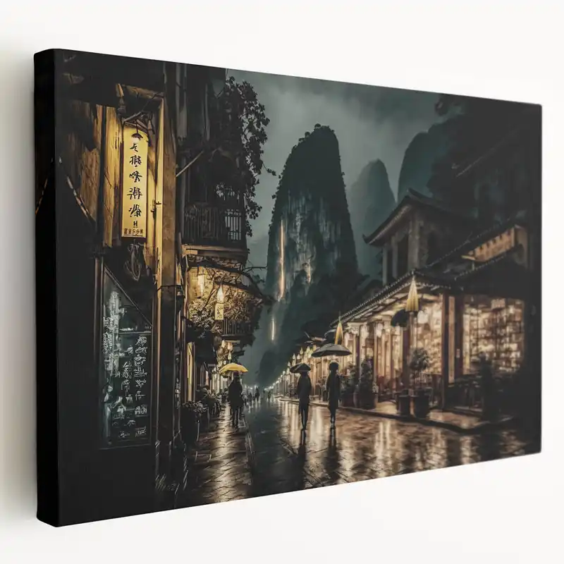 Trending Kyoto Nightscape Art - Illuminated Streets and Mountains at Dusk