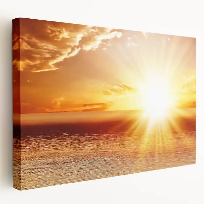 Warranty Included Golden Sunset Over Ocean – Stunning Sun Wall Art on Canvas or Acrylic