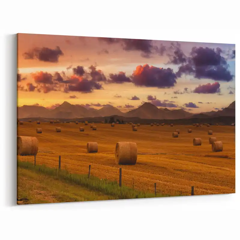 Worldwide Shipping Alberta Prairie Sunset Art - Golden Hay Bales with Rocky Mountains