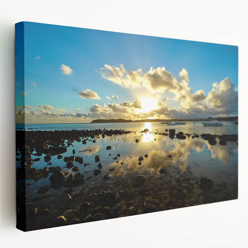 Golden Sunrise Over Mauritius Shoreline - Scenic African Beach Print Exclusive Offer