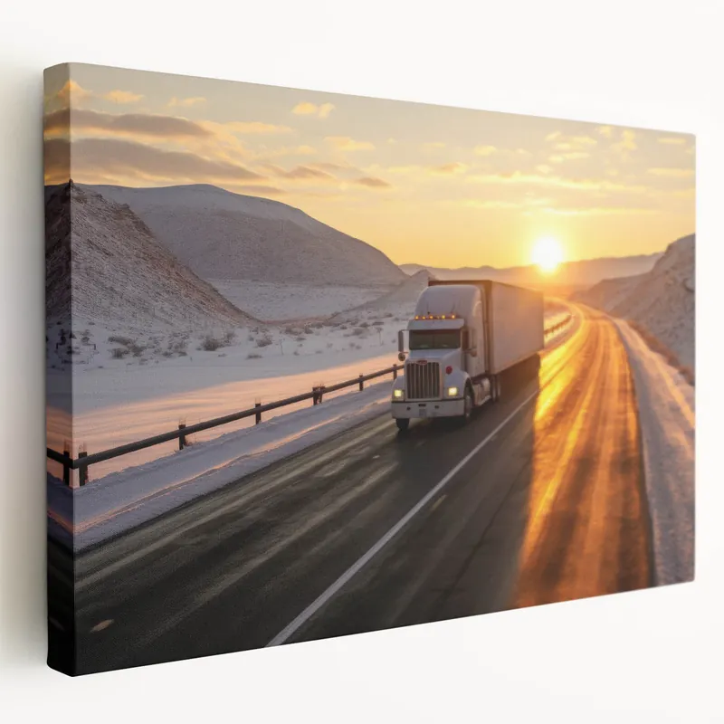 Winter Sunrise Truck - Serene Snowy Highway Semi Truck Wall Art Decor Worldwide Shipping