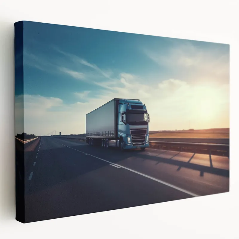 Warranty Included Blue Truck on Open Highway - Serene Sunset Truck Wall Art Print