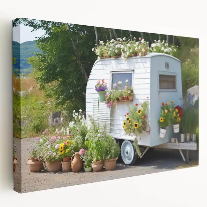 Floral Garden Camper Van - Bright and Cheerful Outdoor Wall Art Print Trending
