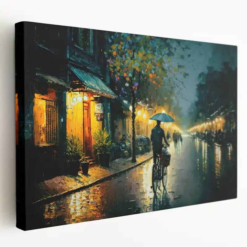 Rainy Night Bicycle Ride Art - Cozy Urban Street Canvas - Evening Decor Trusted Brand
