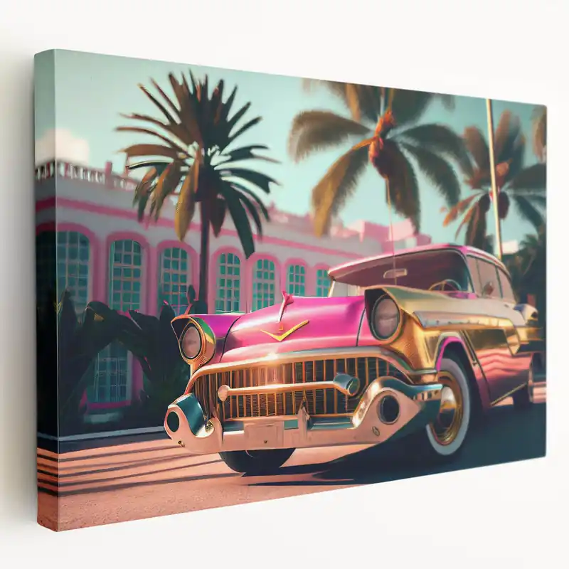 Latest Vibrant Retro Car Art: Pink Cadillac and Palm Trees Prints for Decor