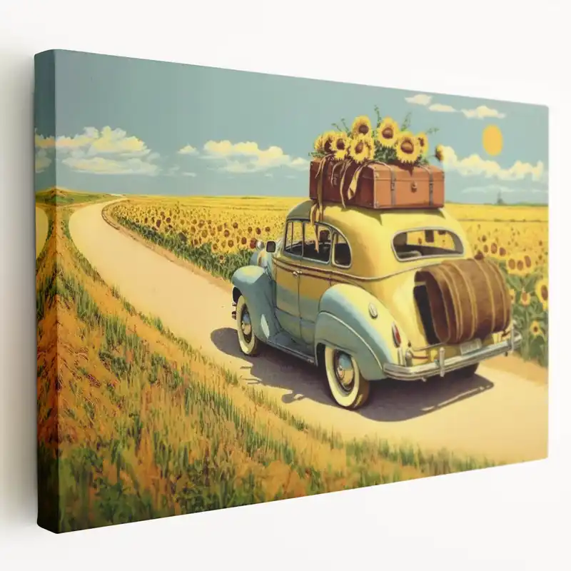 Vintage Road Trip Car in Sunflower Field - Nostalgic Travel Wall Art Print Fan Favorite