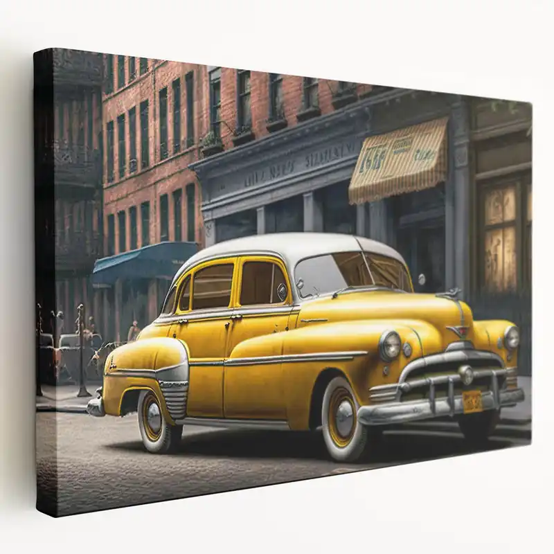 Classic Yellow Taxi on City Street - Nostalgic New York Taxi Wall Art No Minimum Order