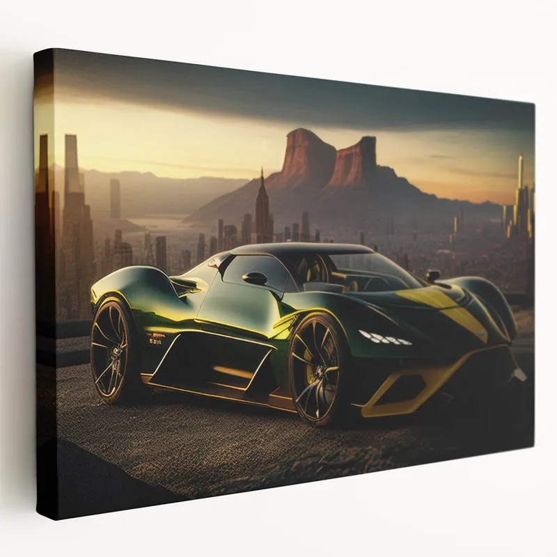 Professional Grade Sunset Racing Car Wall Art - Vibrant Green and Yellow Supercar Print